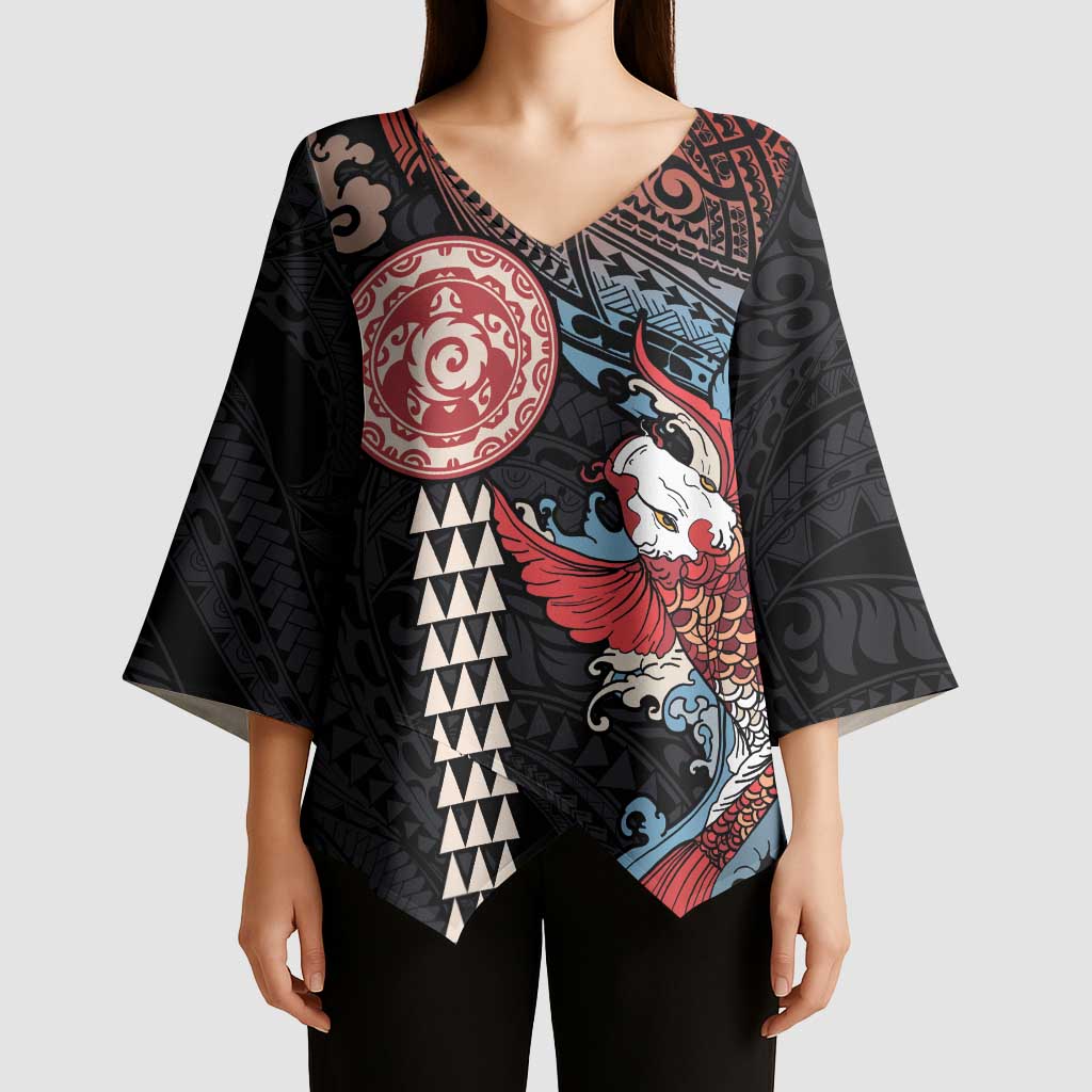 Hawaii and Japanese Together Kimono Sleeve Blouse Koi Fish and Kakau Pattern - Polynesian Pride