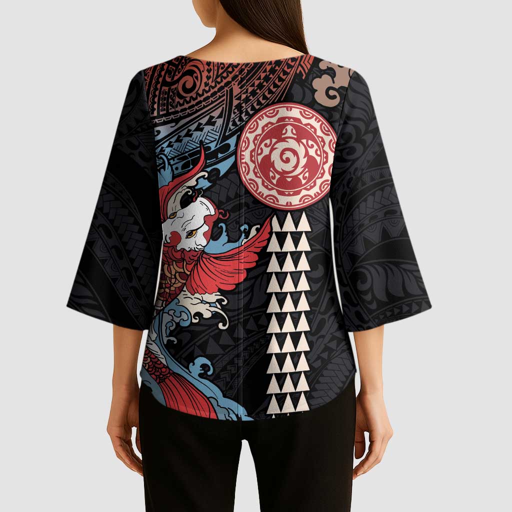 Hawaii and Japanese Together Kimono Sleeve Blouse Koi Fish and Kakau Pattern - Polynesian Pride