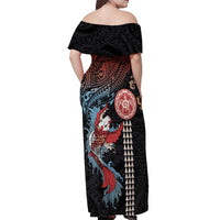 Hawaii and Japanese Together Off Shoulder Maxi Dress Koi Fish and Kakau Pattern