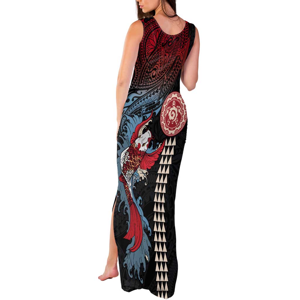Hawaii and Japanese Together Tank Maxi Dress Koi Fish and Kakau Pattern