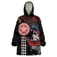 Hawaii and Japanese Together Wearable Blanket Hoodie Koi Fish and Kakau Pattern