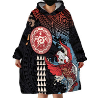 Hawaii and Japanese Together Wearable Blanket Hoodie Koi Fish and Kakau Pattern
