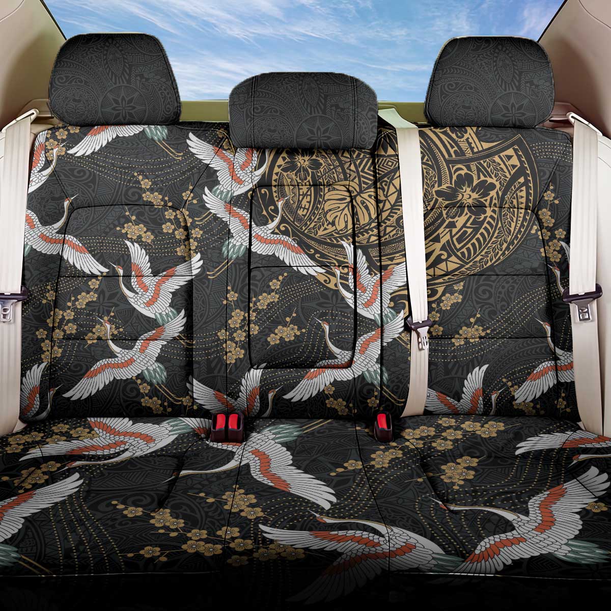 Hawaii and Japanese Together Back Car Seat Cover Cranes Birds with Kakau Pattern