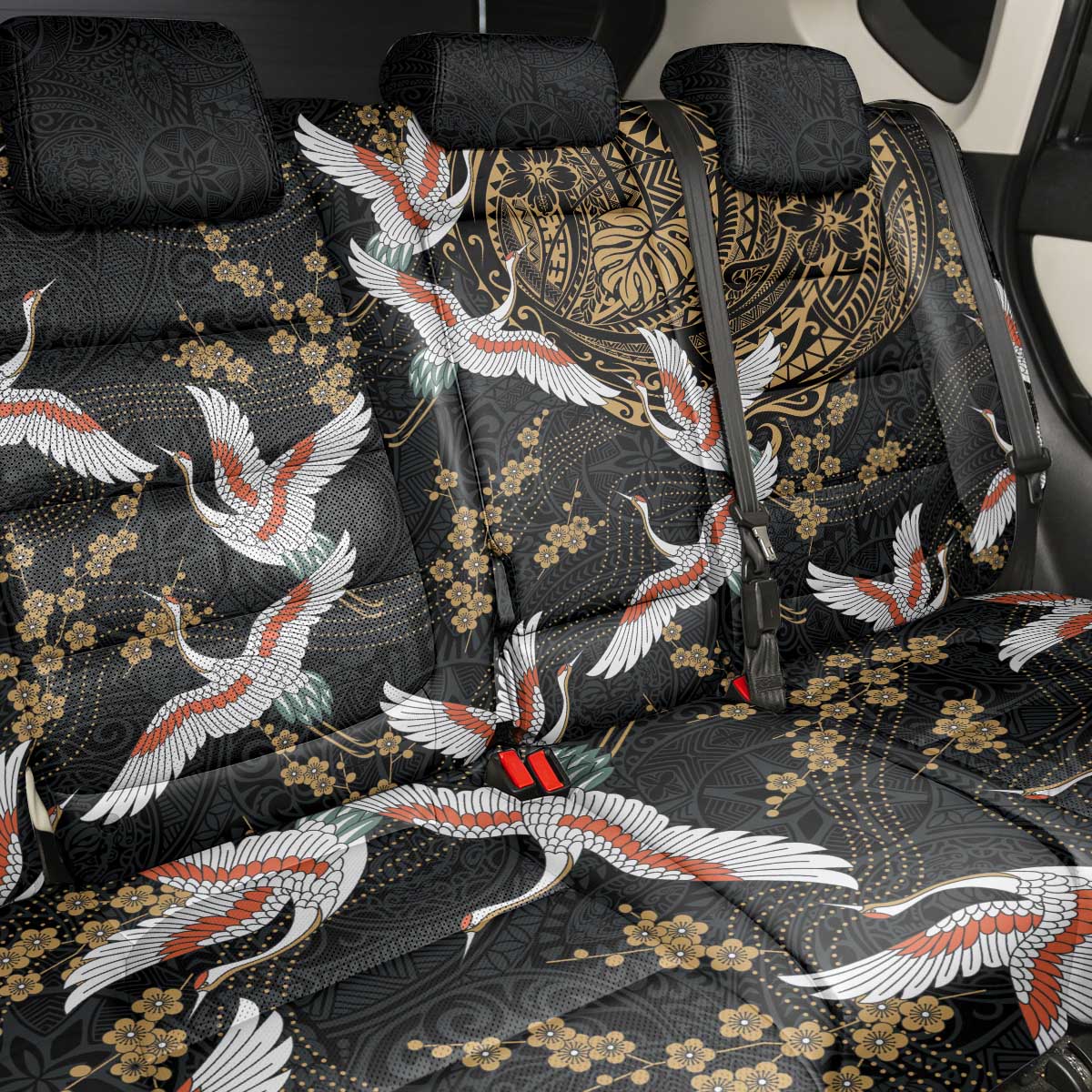 Hawaii and Japanese Together Back Car Seat Cover Cranes Birds with Kakau Pattern