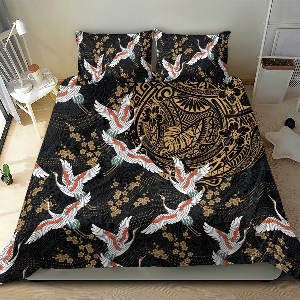 Hawaii and Japanese Together Bedding Set Cranes Birds with Kakau Pattern