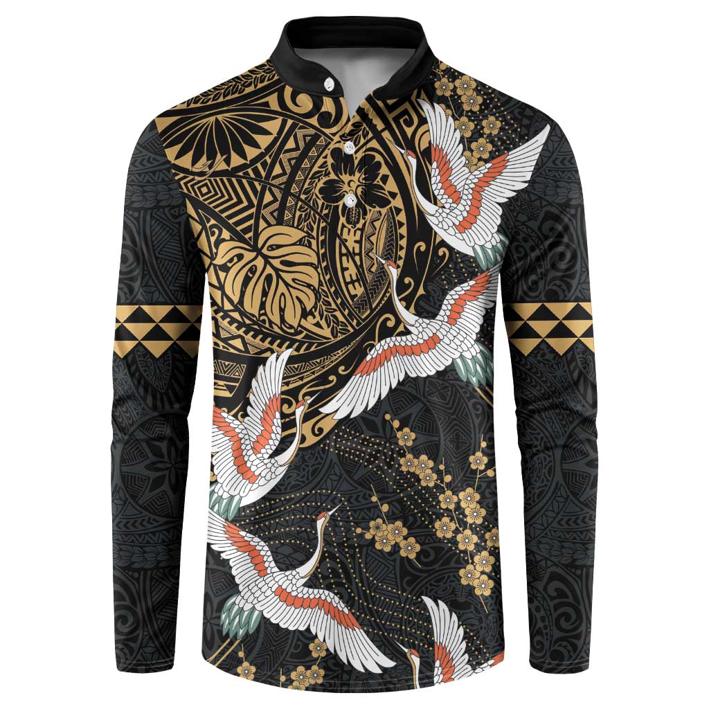 Hawaii and Japanese Together Button Sweatshirt Cranes Birds with Kakau Pattern