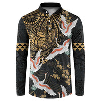 Hawaii and Japanese Together Button Sweatshirt Cranes Birds with Kakau Pattern