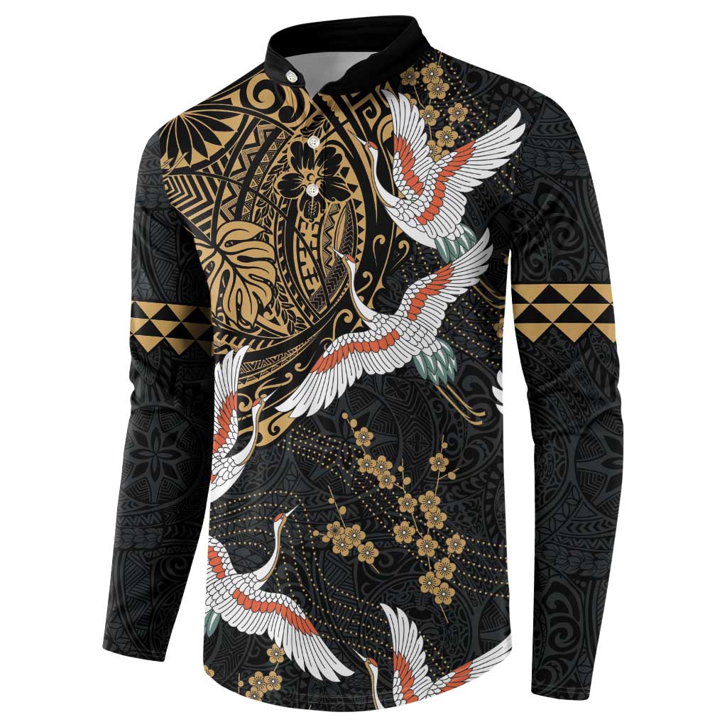 Hawaii and Japanese Together Button Sweatshirt Cranes Birds with Kakau Pattern