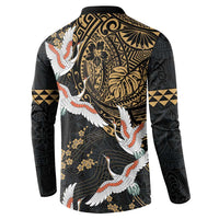 Hawaii and Japanese Together Button Sweatshirt Cranes Birds with Kakau Pattern