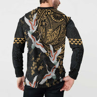 Hawaii and Japanese Together Button Sweatshirt Cranes Birds with Kakau Pattern
