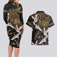 Hawaii and Japanese Together Couples Matching Long Sleeve Bodycon Dress and Hawaiian Shirt Cranes Birds with Kakau Pattern LT03 - Polynesian Pride