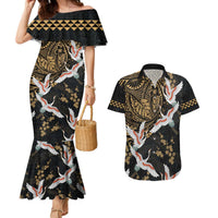Hawaii and Japanese Together Couples Matching Mermaid Dress and Hawaiian Shirt Cranes Birds with Kakau Pattern LT03 Black - Polynesian Pride