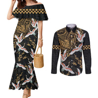 Hawaii and Japanese Together Couples Matching Mermaid Dress and Long Sleeve Button Shirt Cranes Birds with Kakau Pattern LT03 Black - Polynesian Pride