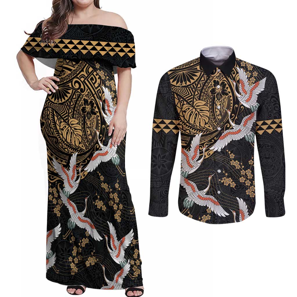 Hawaii and Japanese Together Couples Matching Off Shoulder Maxi Dress and Long Sleeve Button Shirt Cranes Birds with Kakau Pattern LT03 Black - Polynesian Pride