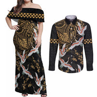 Hawaii and Japanese Together Couples Matching Off Shoulder Maxi Dress and Long Sleeve Button Shirt Cranes Birds with Kakau Pattern LT03 Black - Polynesian Pride
