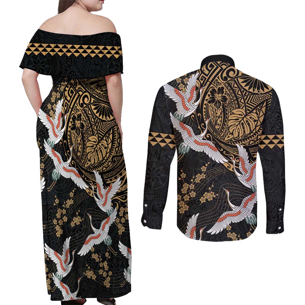 Hawaii and Japanese Together Couples Matching Off Shoulder Maxi Dress and Long Sleeve Button Shirt Cranes Birds with Kakau Pattern LT03 - Polynesian Pride