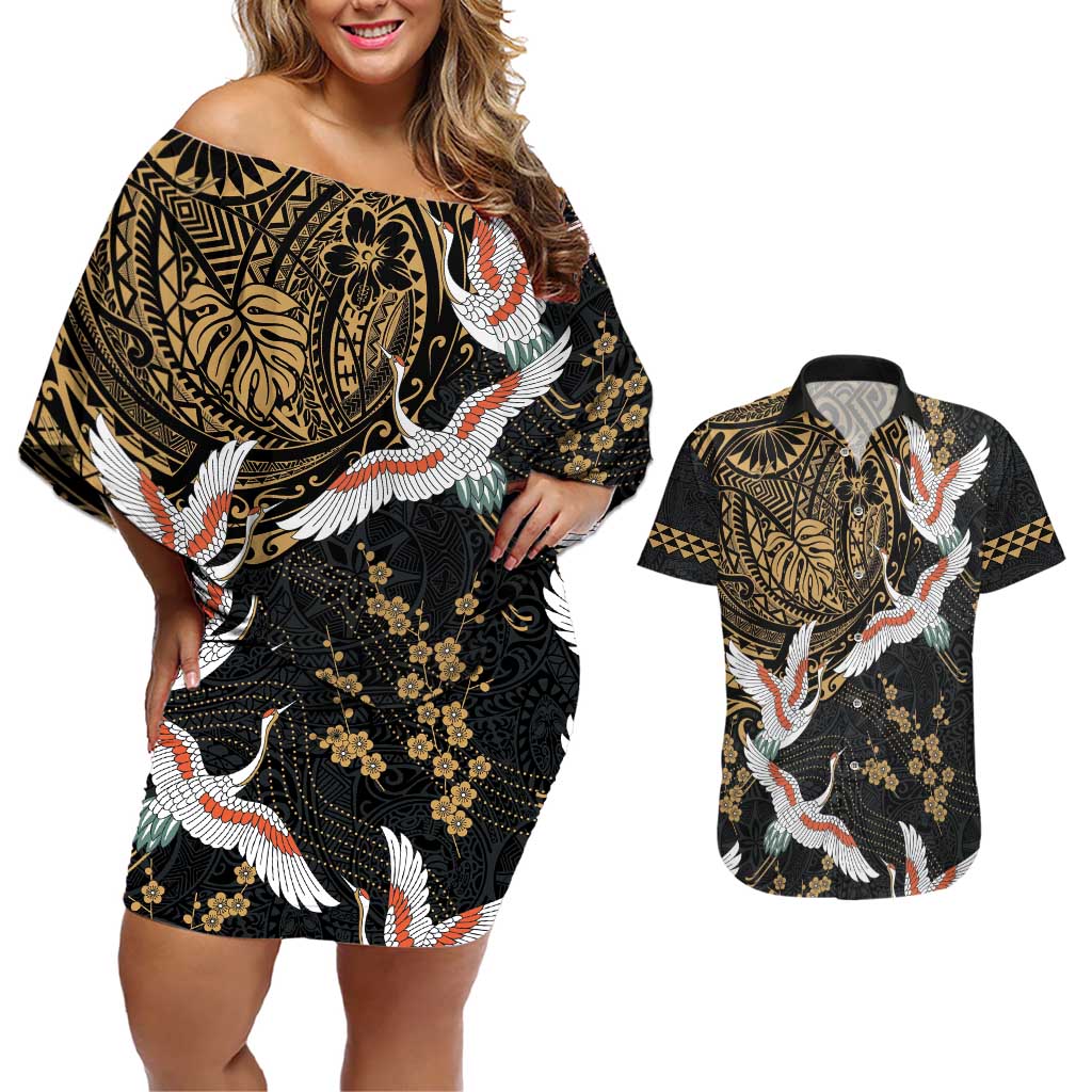 Hawaii and Japanese Together Couples Matching Off Shoulder Short Dress and Hawaiian Shirt Cranes Birds with Kakau Pattern LT03 Black - Polynesian Pride