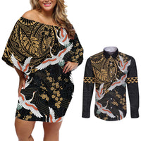 Hawaii and Japanese Together Couples Matching Off Shoulder Short Dress and Long Sleeve Button Shirt Cranes Birds with Kakau Pattern LT03 Black - Polynesian Pride