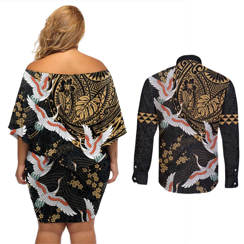 Hawaii and Japanese Together Couples Matching Off Shoulder Short Dress and Long Sleeve Button Shirt Cranes Birds with Kakau Pattern LT03 - Polynesian Pride