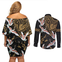 Hawaii and Japanese Together Couples Matching Off Shoulder Short Dress and Long Sleeve Button Shirt Cranes Birds with Kakau Pattern LT03 - Polynesian Pride