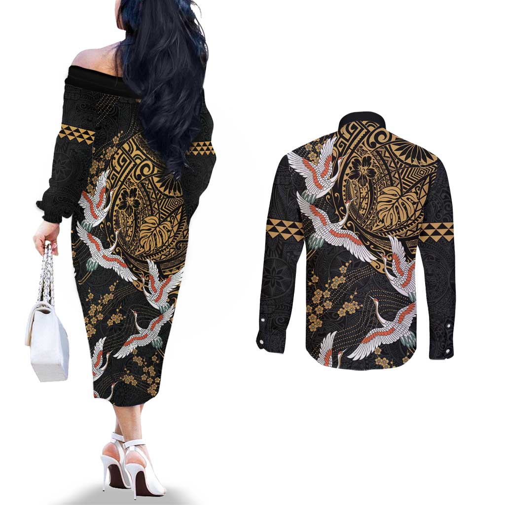 Hawaii and Japanese Together Couples Matching Off The Shoulder Long Sleeve Dress and Long Sleeve Button Shirt Cranes Birds with Kakau Pattern LT03 - Polynesian Pride