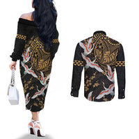 Hawaii and Japanese Together Couples Matching Off The Shoulder Long Sleeve Dress and Long Sleeve Button Shirt Cranes Birds with Kakau Pattern LT03 - Polynesian Pride