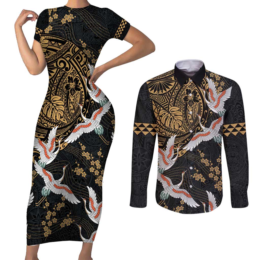 Hawaii and Japanese Together Couples Matching Short Sleeve Bodycon Dress and Long Sleeve Button Shirt Cranes Birds with Kakau Pattern