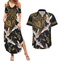Hawaii and Japanese Together Couples Matching Summer Maxi Dress and Hawaiian Shirt Cranes Birds with Kakau Pattern LT03 Black - Polynesian Pride