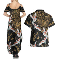 Hawaii and Japanese Together Couples Matching Summer Maxi Dress and Hawaiian Shirt Cranes Birds with Kakau Pattern LT03 - Polynesian Pride