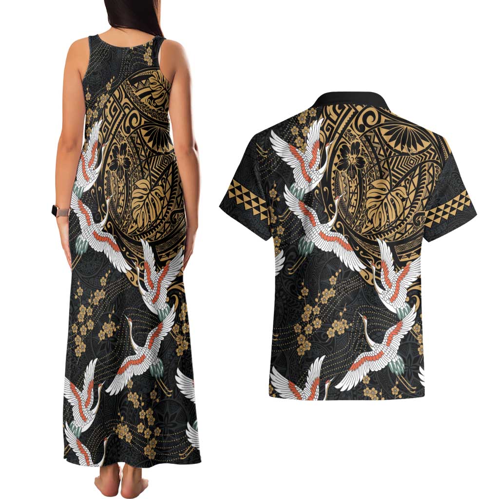 Hawaii and Japanese Together Couples Matching Tank Maxi Dress and Hawaiian Shirt Cranes Birds with Kakau Pattern LT03 - Polynesian Pride