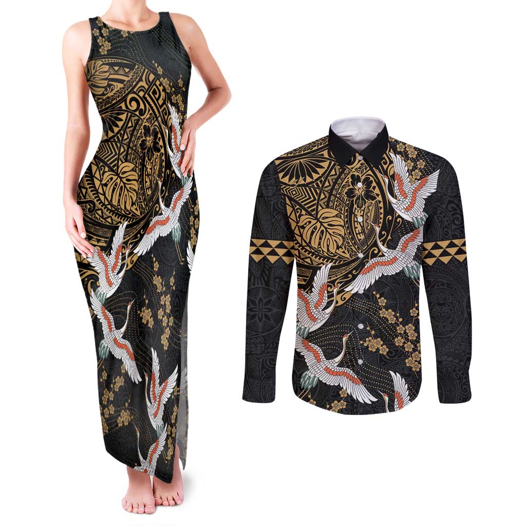 Hawaii and Japanese Together Couples Matching Tank Maxi Dress and Long Sleeve Button Shirt Cranes Birds with Kakau Pattern LT03 Black - Polynesian Pride
