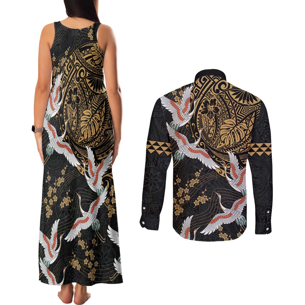 Hawaii and Japanese Together Couples Matching Tank Maxi Dress and Long Sleeve Button Shirt Cranes Birds with Kakau Pattern LT03 - Polynesian Pride