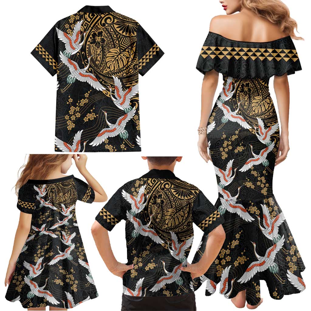 Hawaii and Japanese Together Family Matching Mermaid Dress and Hawaiian Shirt Cranes Birds with Kakau Pattern
