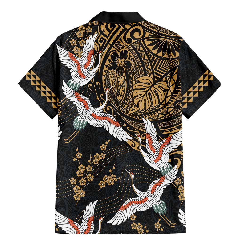 Hawaii and Japanese Together Family Matching Mermaid Dress and Hawaiian Shirt Cranes Birds with Kakau Pattern