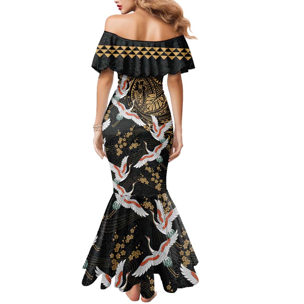 Hawaii and Japanese Together Family Matching Mermaid Dress and Hawaiian Shirt Cranes Birds with Kakau Pattern