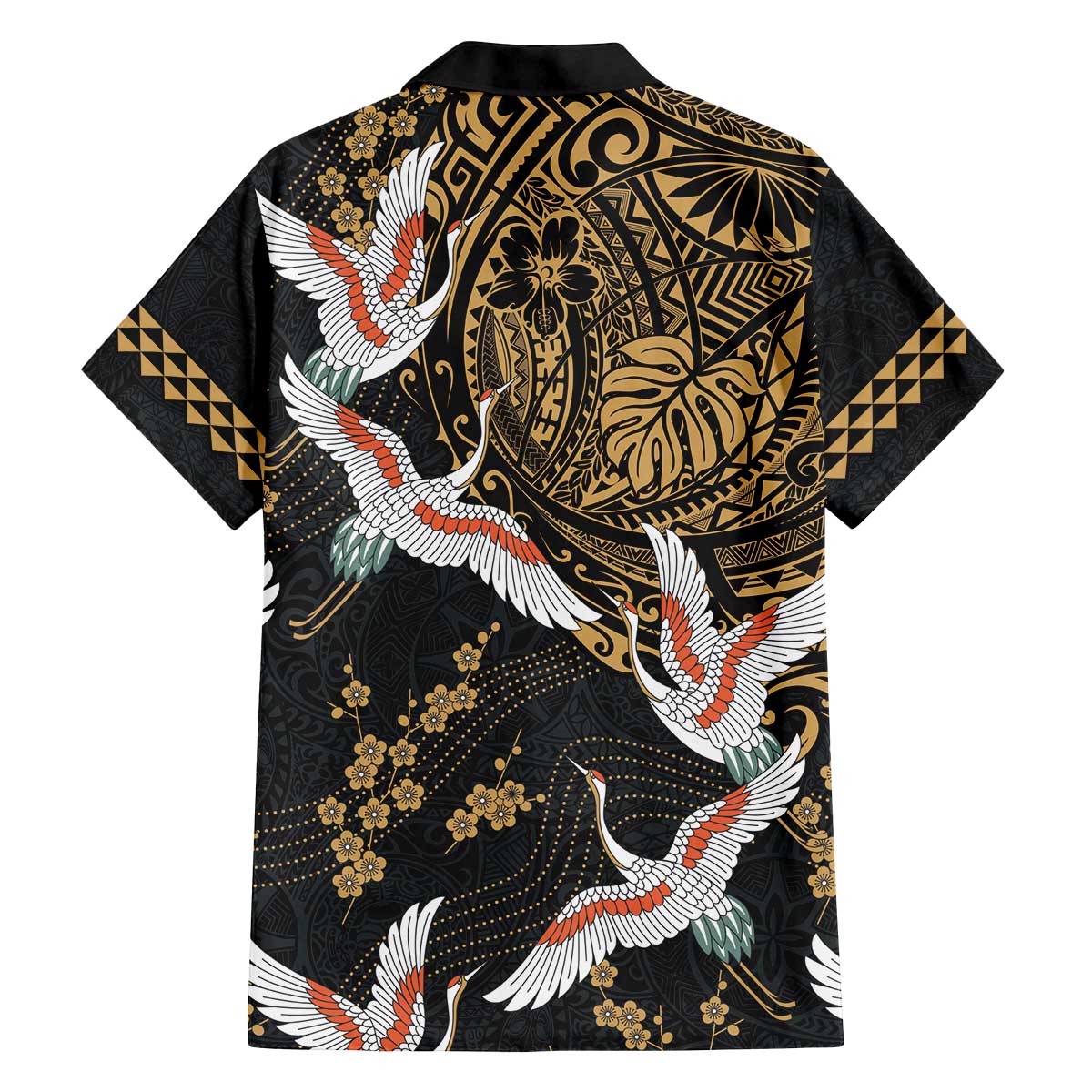 Hawaii and Japanese Together Family Matching Off The Shoulder Long Sleeve Dress and Hawaiian Shirt Cranes Birds with Kakau Pattern