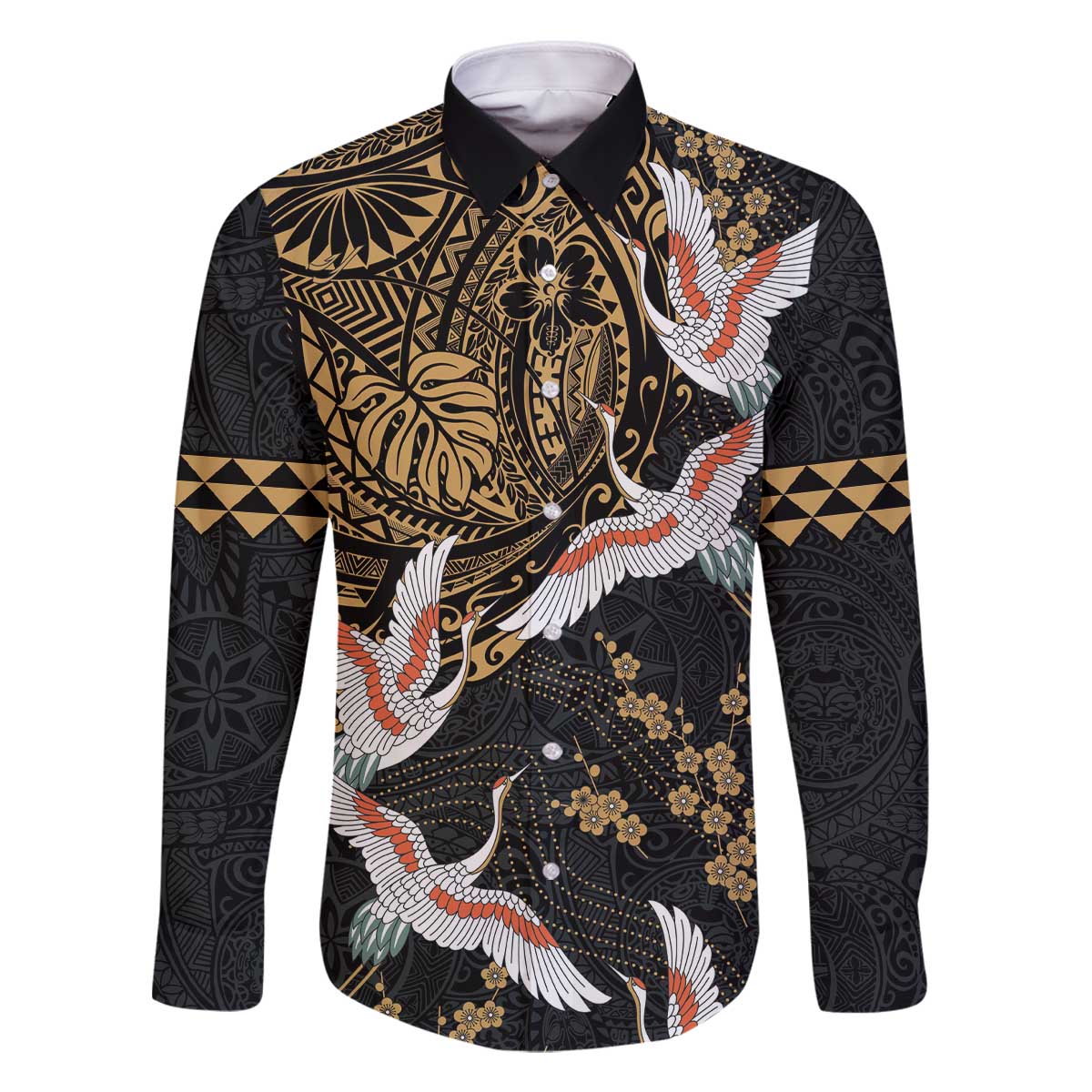 Hawaii and Japanese Together Family Matching Off The Shoulder Long Sleeve Dress and Hawaiian Shirt Cranes Birds with Kakau Pattern