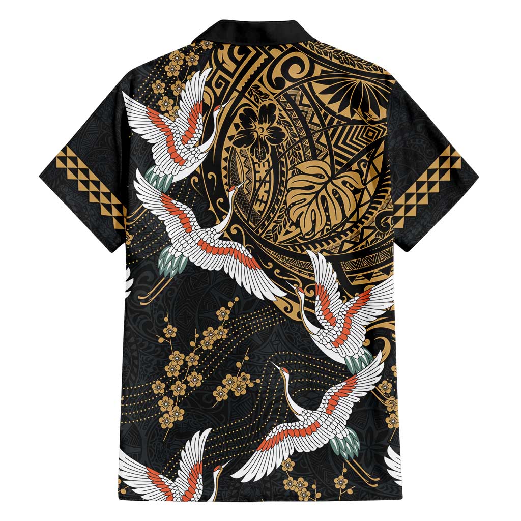 Hawaii and Japanese Together Family Matching Off Shoulder Maxi Dress and Hawaiian Shirt Cranes Birds with Kakau Pattern