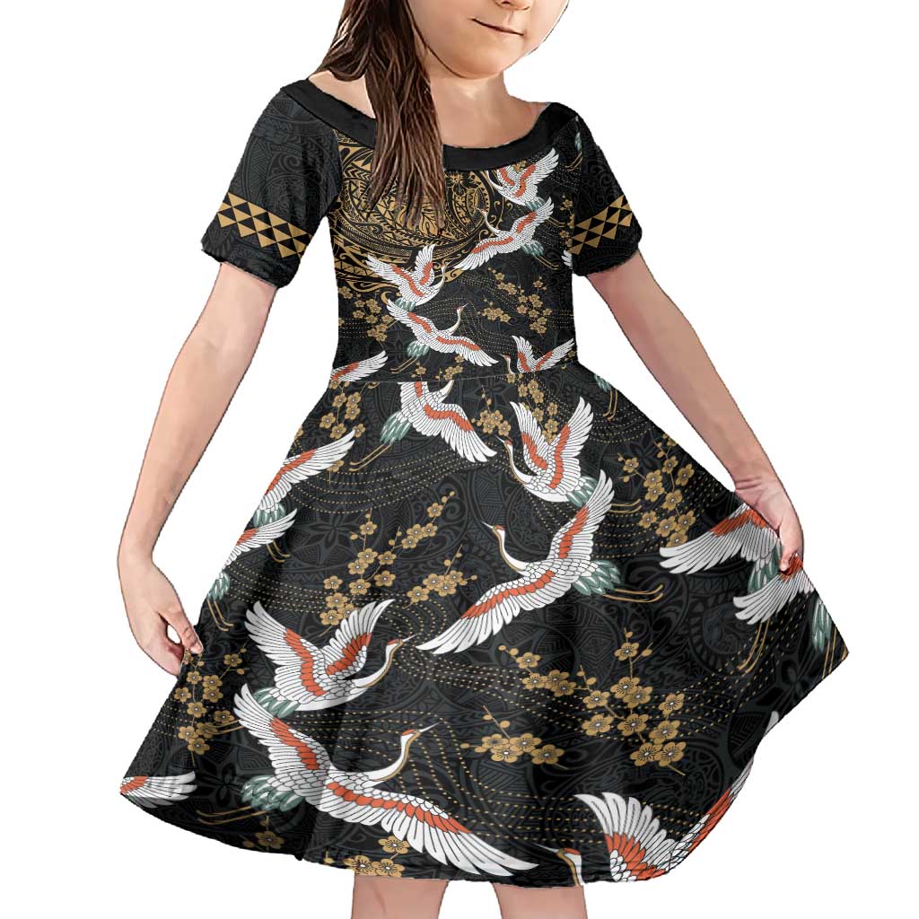 Hawaii and Japanese Together Family Matching Short Sleeve Bodycon Dress and Hawaiian Shirt Cranes Birds with Kakau Pattern