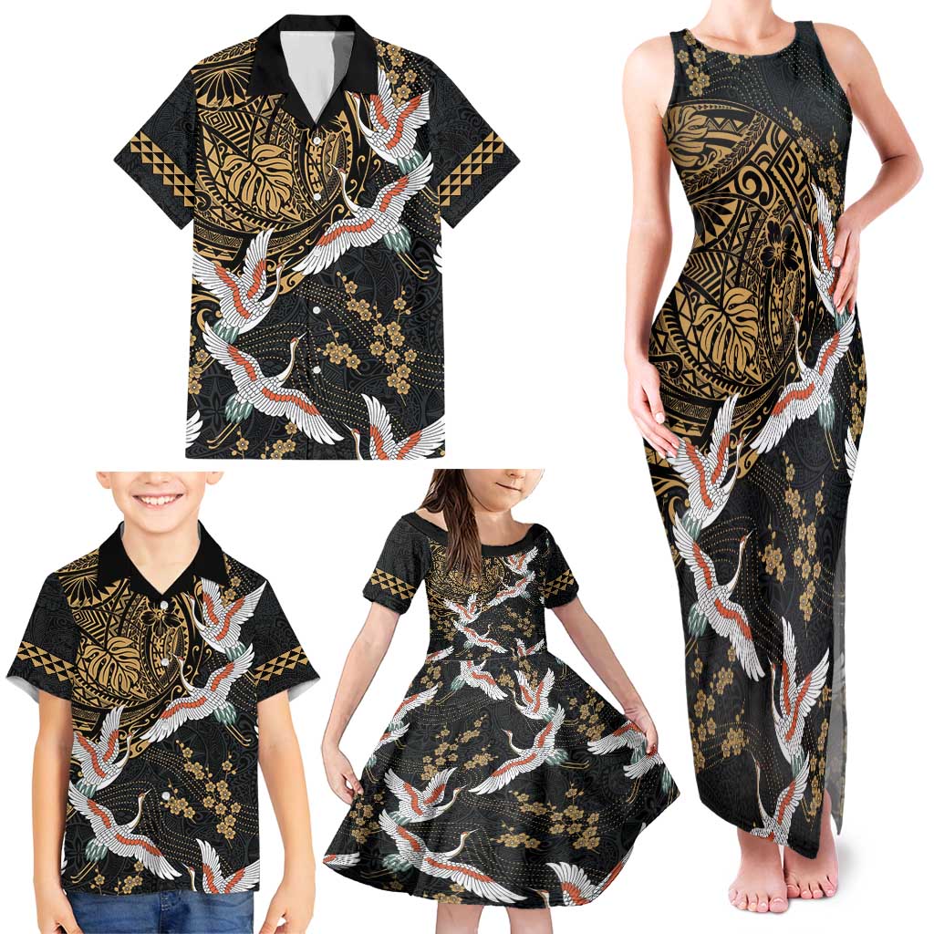 Hawaii and Japanese Together Family Matching Tank Maxi Dress and Hawaiian Shirt Cranes Birds with Kakau Pattern