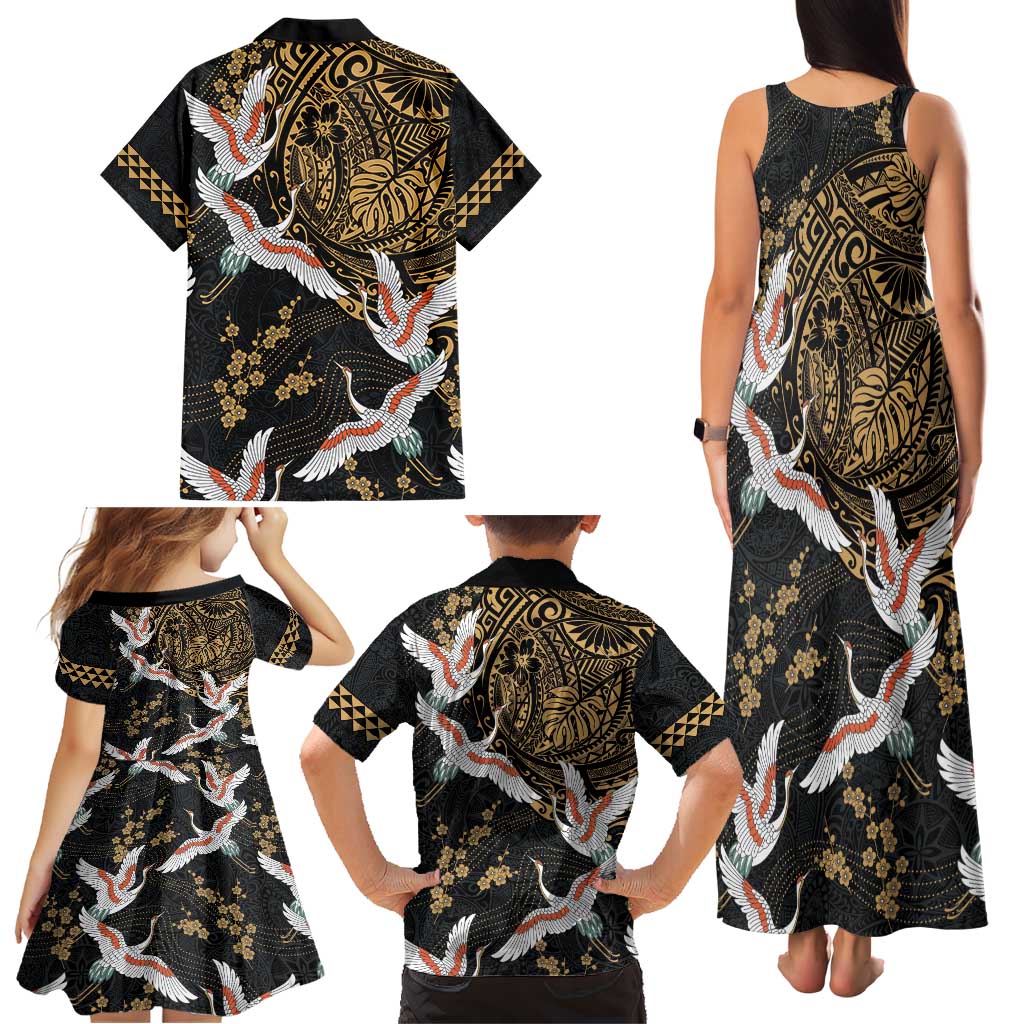 Hawaii and Japanese Together Family Matching Tank Maxi Dress and Hawaiian Shirt Cranes Birds with Kakau Pattern
