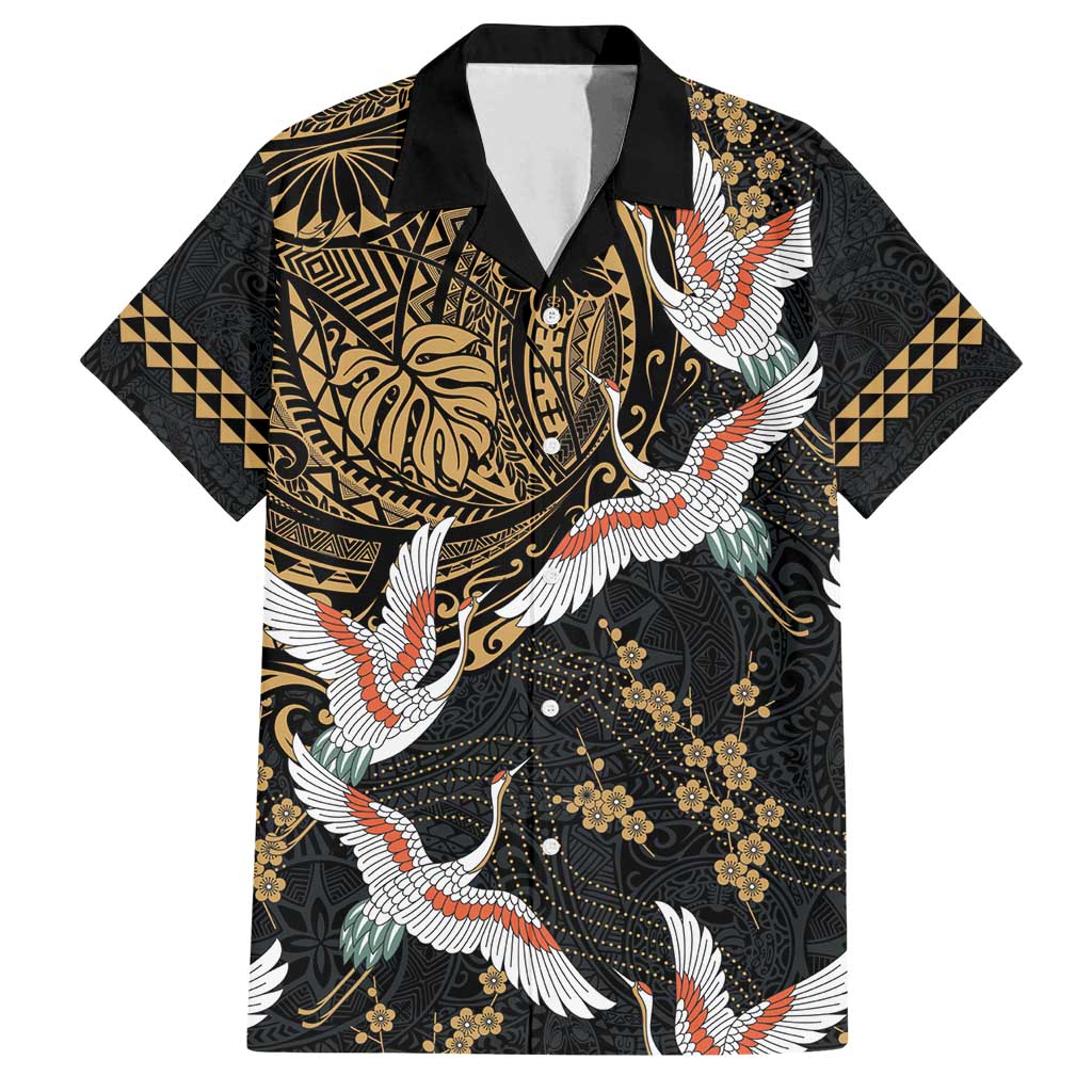 Hawaii and Japanese Together Family Matching Tank Maxi Dress and Hawaiian Shirt Cranes Birds with Kakau Pattern