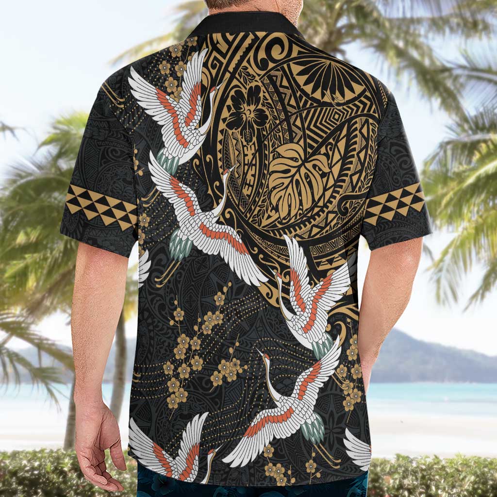 Hawaii and Japanese Together Hawaiian Shirt Cranes Birds with Kakau Pattern