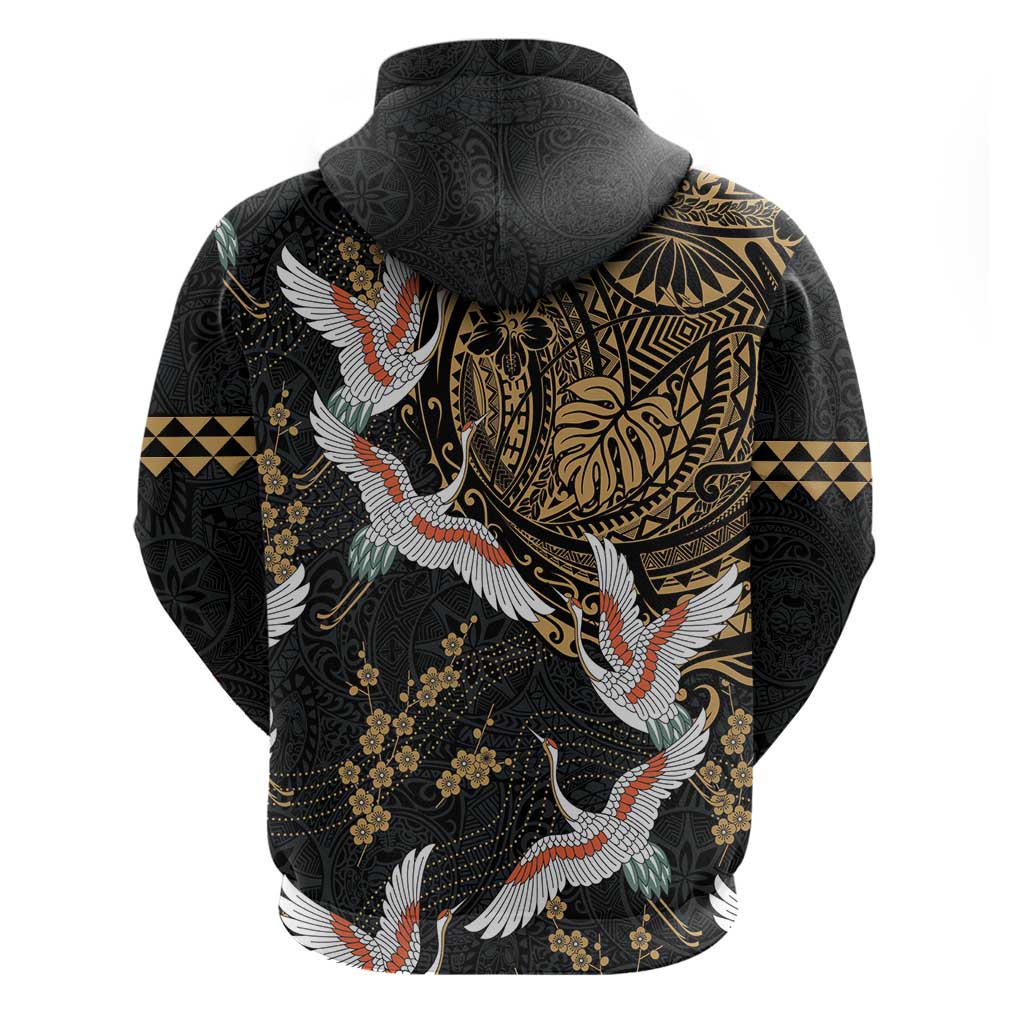 Hawaii and Japanese Together Hoodie Cranes Birds with Kakau Pattern