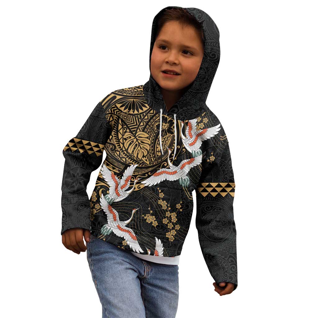 Hawaii and Japanese Together Kid Hoodie Cranes Birds with Kakau Pattern