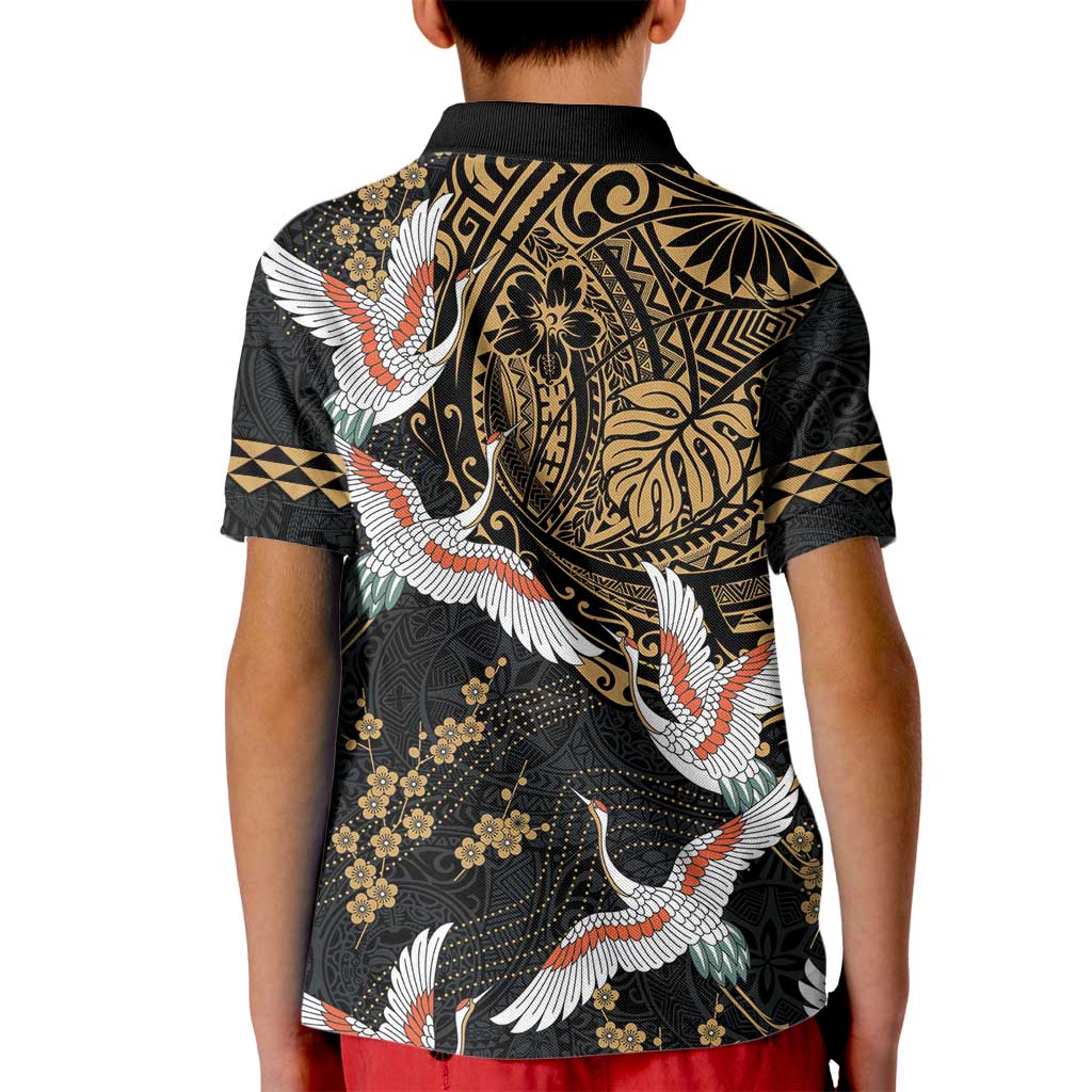 Hawaii and Japanese Together Kid Polo Shirt Cranes Birds with Kakau Pattern