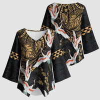 Hawaii and Japanese Together Kimono Sleeve Blouse Cranes Birds with Kakau Pattern - Polynesian Pride