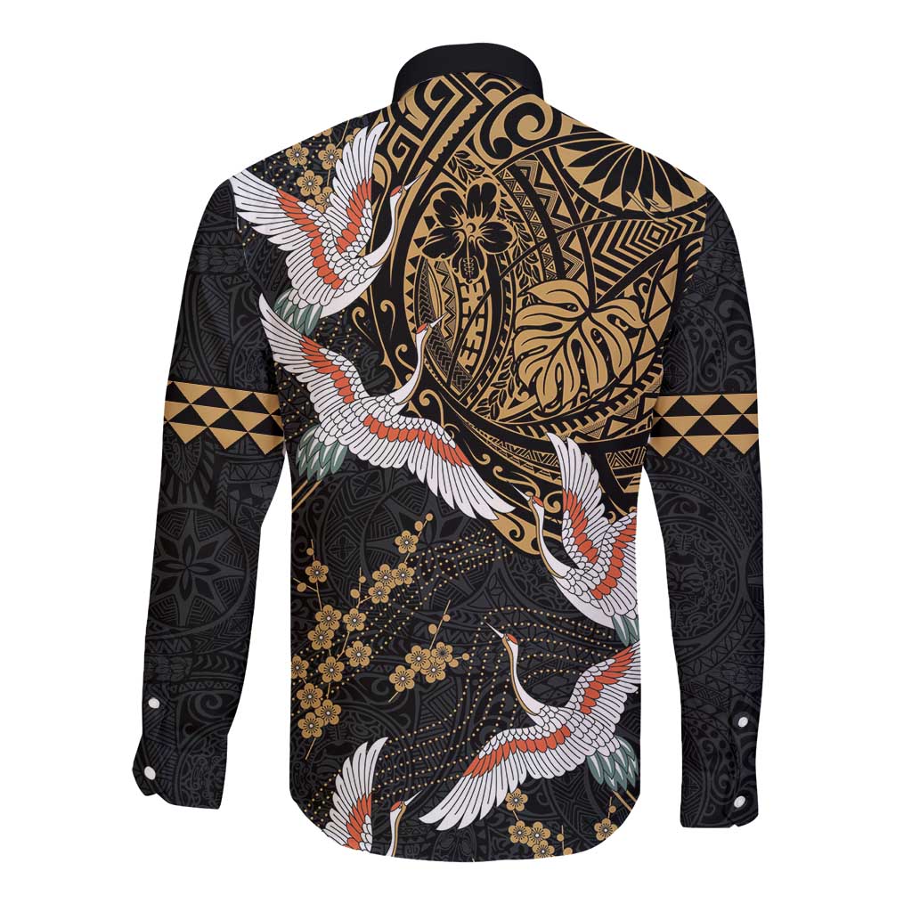 Hawaii and Japanese Together Long Sleeve Button Shirt Cranes Birds with Kakau Pattern