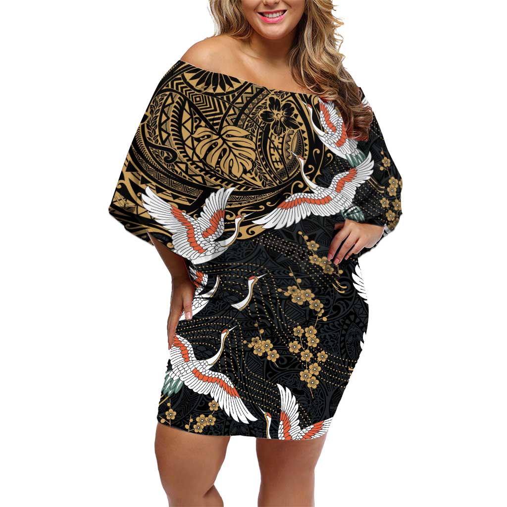 Hawaii and Japanese Together Off Shoulder Short Dress Cranes Birds with Kakau Pattern