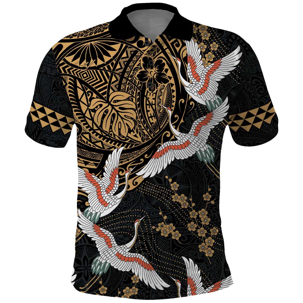 Hawaii and Japanese Together Polo Shirt Cranes Birds with Kakau Pattern